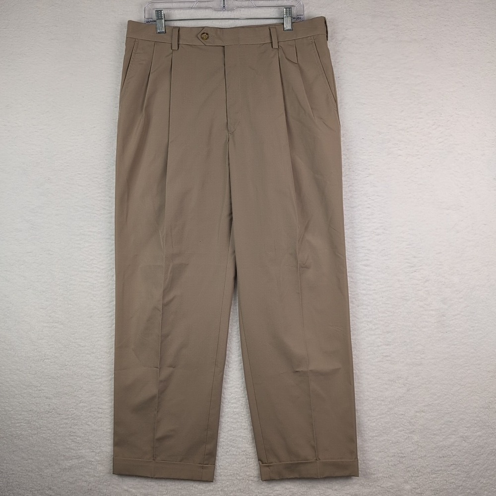 Berle Men's 34R Beige Dress Pants Pleated Straight Leg Pockets 34x29
